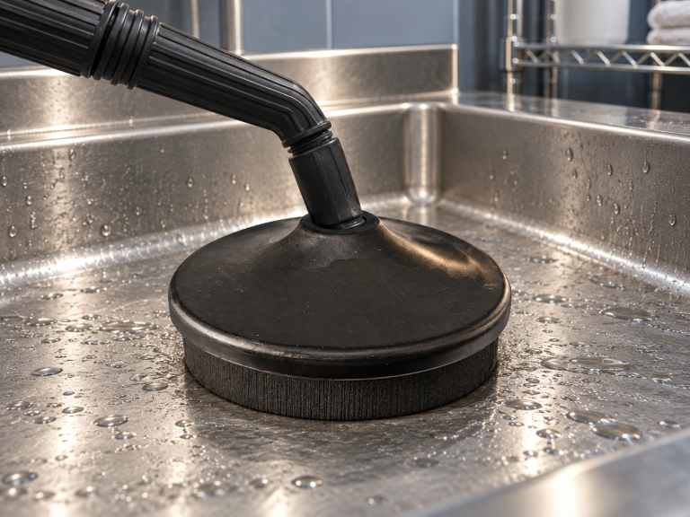 SteamKing Classic drain attachment positioned in a stainless-steel sink during an accessory readiness check
